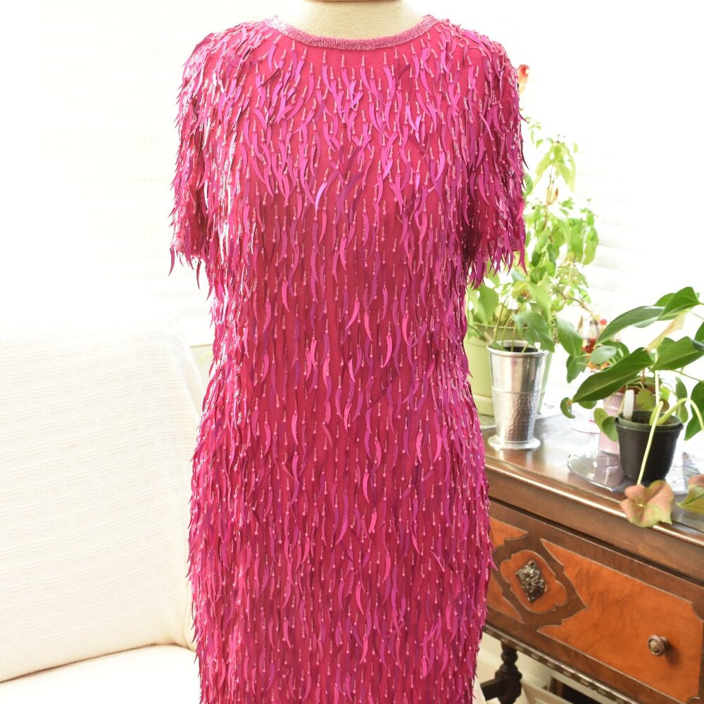Hot pink Cattail Sequin beaded dress, Vintage trophy dress, Size M